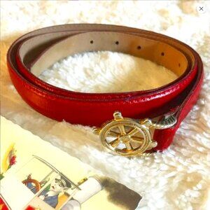 Vintage Red Genuine Leather Novelty Belt With Gold Nautical Ship Wheel Buckle
